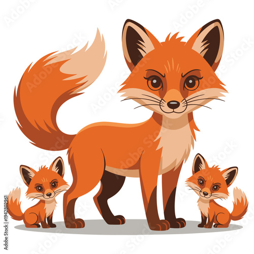 Cute cartoon fox mother with two little kits on white background, adorable wild animal family illustration