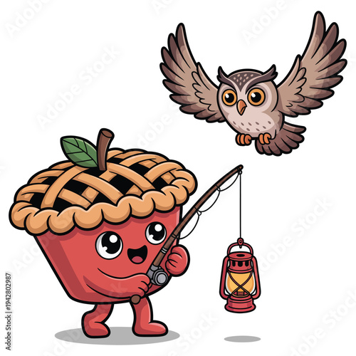 Funny cartoon apple pie character fishing with lantern, owl flies above, whimsical food illustration