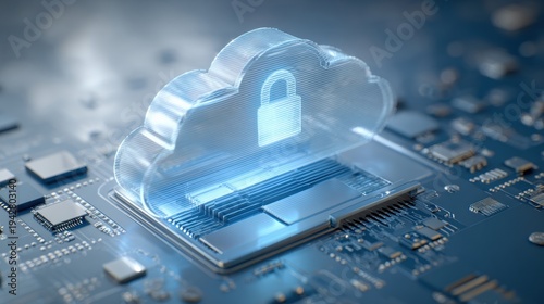 Secure Cloud Protection: A luminous cloud icon, adorned with a digital lock, rests atop a circuit board. This visual concept represents the secure safekeeping of data in the digital cloud.
