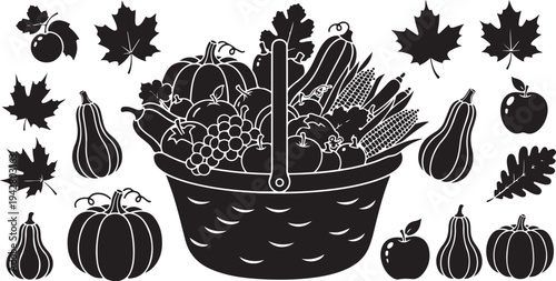 Harvest basket filled with various fruits and vegetables illustration