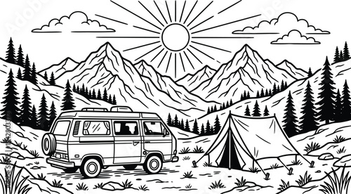 Camping in mountains with van and tent vector illustration, flat design