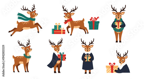 Cute reindeer characters celebrate winter holidays in various poses with Christmas gifts and festive winter clothing.