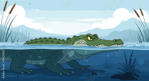 Large green crocodile swims through a swamp with its head above water and distant mountains in the background.