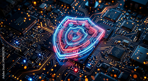 Modern technology shows a digital shield symbol on a circuit board with glowing lines and connections