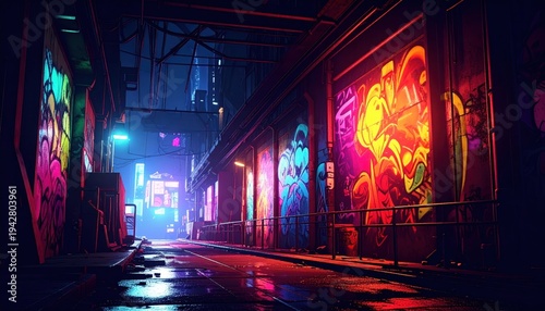 Vicolo Urbano Cyberpunk con Graffiti Neon e Luci Notturne - Illustrazione Digitale Futuristica