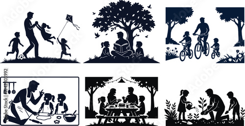 Happy family outdoor activities silhouette set playing reading cycling cooking gardening picnic parenting lifestyle illustration collection concept