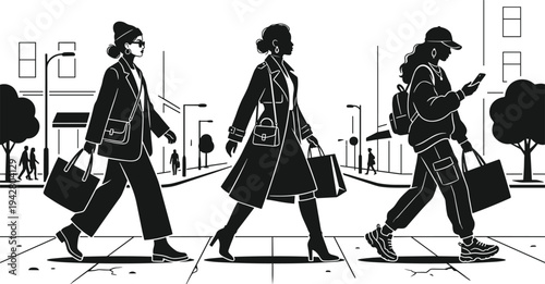 Urban women walking with shopping bags city street fashion lifestyle silhouette stylish female pedestrians modern city illustration set