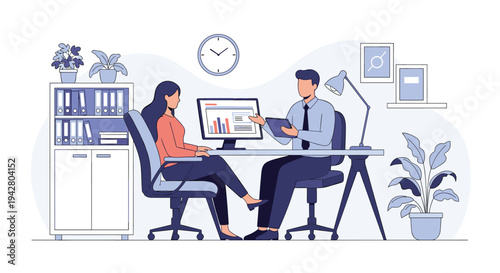 Business professionals discuss data charts on a computer screen in a modern office during a productive meeting.