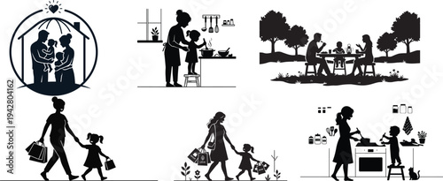 Family daily life silhouette collection parenting cooking shopping dining together home lifestyle mother child care bonding vector illustration set