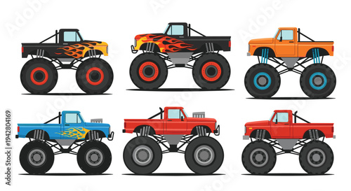 Collection of colorful monster trucks with large wheels and flame decals is presented in various side view poses.