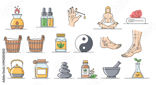 Wellness and alternative medicine icons include acupuncture, meditation, herbal remedies, and various spa treatments.