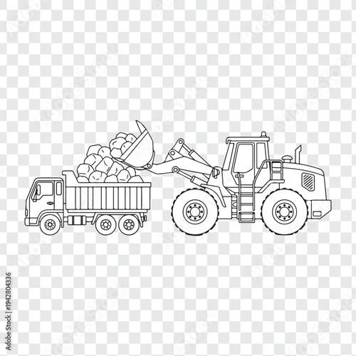 Isolated vector illustration of heavy agricultural machinery featuring a tractor with a trailer on a farm road and field as industrial transport equipment for agriculture