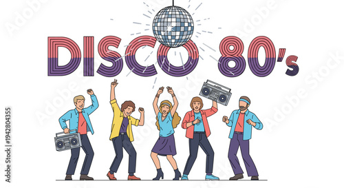 Energetic group of friends in nineteen eighties retro fashion dances under a disco ball at a fun and themed party event.