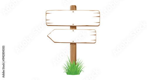Blank rustic wooden signpost with two boards stands in a patch of green grass on a bright and clean white background.