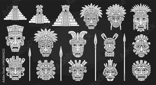 Collection of white tribal masks and ancient temples is inspired by Mayan and Aztec cultures on a dark background.