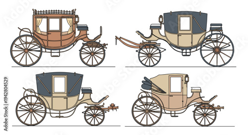 Detailed drawings of vintage horse-drawn carriages and stagecoaches showcase different historical transport styles.