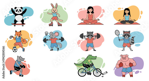 Group of people and animals engages in diverse fitness activities like yoga, soccer, cycling, and skateboarding.