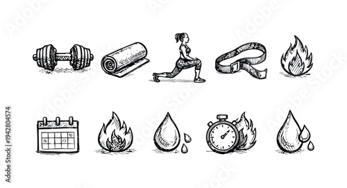 Hand drawn fitness icons for health and exercise, workout motivation