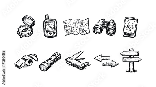 Hand drawn icons for outdoor adventure and travel navigation with gear and signs