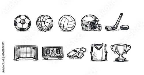 Hand drawn icons for sports equipment and competition