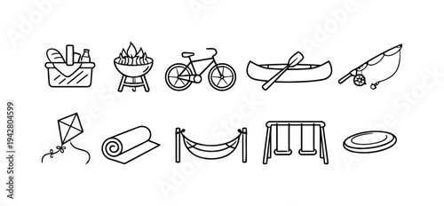 Hand drawn icons for outdoor recreation and activities like picnic, barbecue, cycling, and kayaking