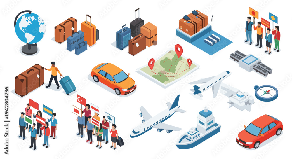 Obraz premium Isometric travel icons including luggage, planes, and ships represent global tourism and international journey.