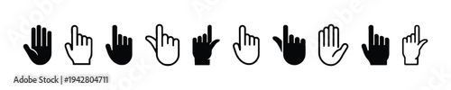 Hand gesture icons for pointing clicking and stopping in outline and solid styles