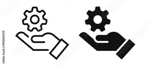 Hand holding gear representing mechanism process support and technical solution