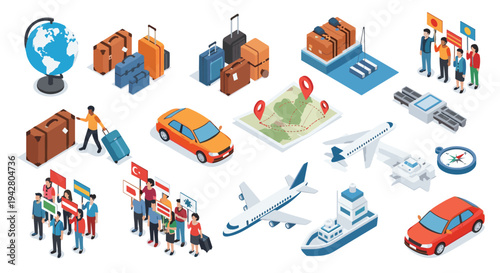 Isometric travel icons including luggage, planes, and ships represent global tourism and international journey.