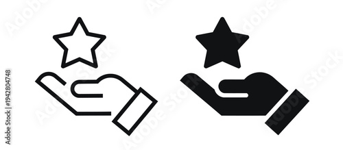 Hand holding star icon line art and solid fill versions showing appreciation or success