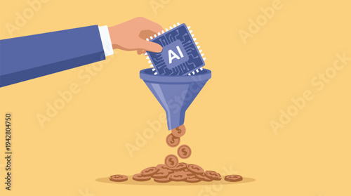 Hand pouring AI chip into funnel generating coins symbolizing AI business monetization