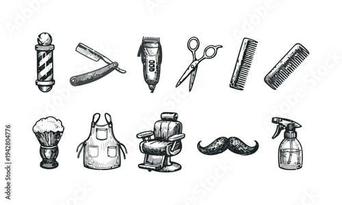 Hand-drawn barber shop icons with shaving brush scissors and barber chair for grooming services