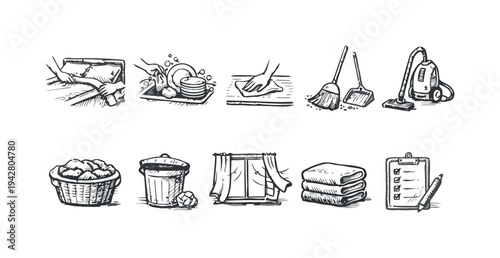 Hand-drawn icons for home cleaning and chores
