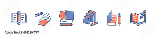 Hand-drawn icons representing books, writing, and education