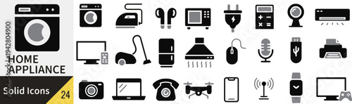 Home appliance solid icons vector collection showcasing various household devices and electronic gadgets