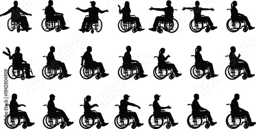 People in Wheelchair Silhouette Set, Disabled Men and Women Sitting and Gesturing Poses, Accessibility Icons Isolated on White Background Vector,