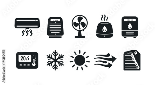 Home climate control and air quality icons showing heating cooling fan and humidifier devices