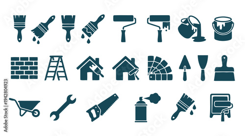 Home renovation and painting tools icons in flat vector style for DIY projects
