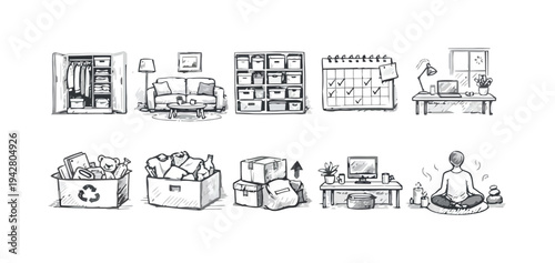 Home organization and decluttering process illustrated icons