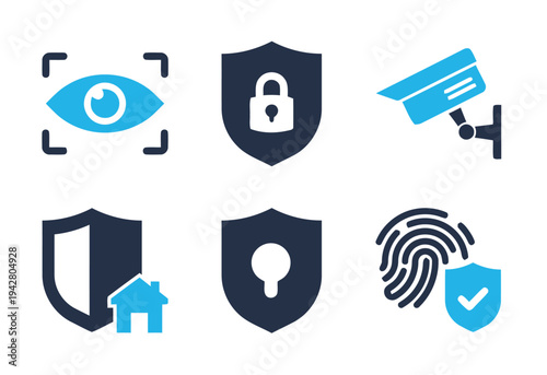 Home security and surveillance system icons with surveillance camera and fingerprint