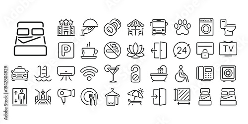 Hotel and hospitality line icons set for accommodation services and travel amenities