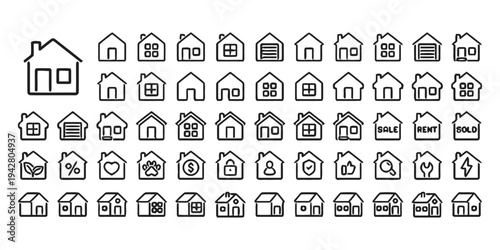 House and real estate line icons various building shapes for property business and sale