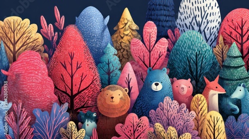 Colorful forest illustration featuring stylized animals and foliage