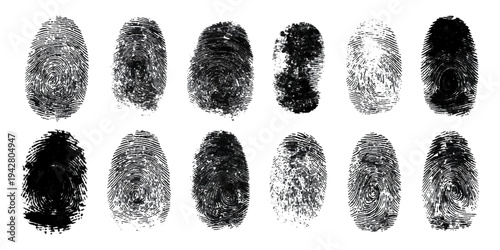 Abstract fingerprint imprint texture set. vector black grunge distressed ink evidence technology artistic dirty background design.