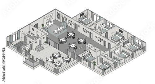 Detailed isometric floor plan of a modern large apartment or hotel floor featuring multiple bedrooms, living areas, and dining spaces.