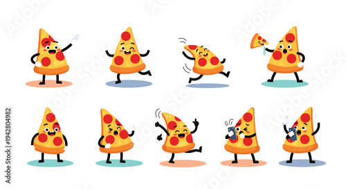 Fun set of cartoon pizza slice characters displaying various emotions and activities like dancing, taking selfies, and eating a smaller slice.