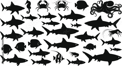 Sea Life Silhouette Set, Shark Octopus Seahorse Crab and Shrimp, Tropical Fish Underwater Marine Animals Vector Illustration Isolated on White Background