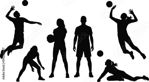 Volleyball Players Silhouette Set, Men and Women Athletes Jumping Serving and Spiking, Team Sports Action Vector Illustration Isolated on White,