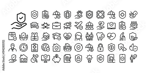 Insurance and protection icons hand shield and symbols