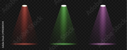 A collection of vibrant spotlights in various colors illuminates a transparent black background creating a dynamic effect